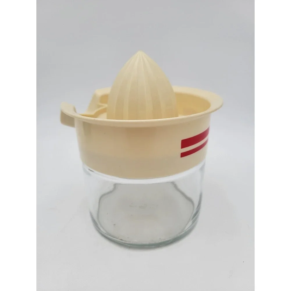 Gemco USA Manual Citrus Lemon Orange Juicer Glass Jar Plastic Lid Stripes